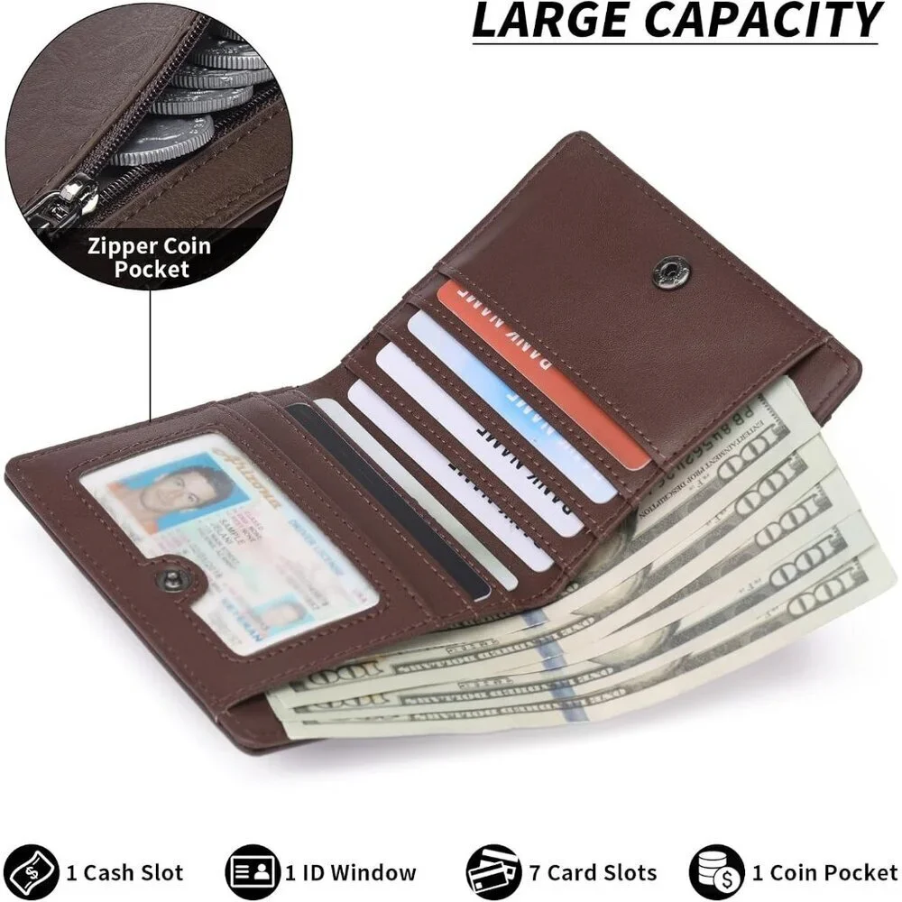 Men's A01 Brown Genuine Leather Minimalist Wallets Card Zipper Coin Pocket